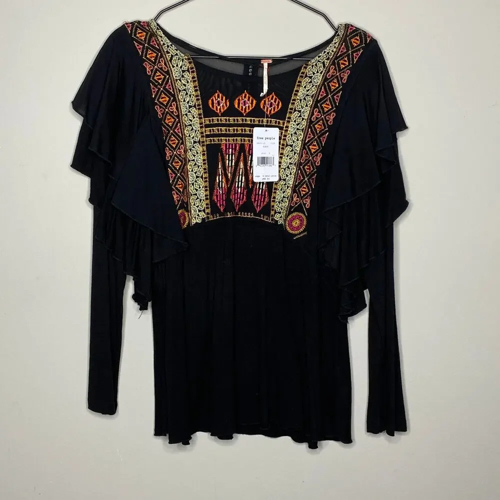 Free People Black Embroidered Ruffle Sleeve Mesh Yoke Top‎ OB651125 Size S NEW